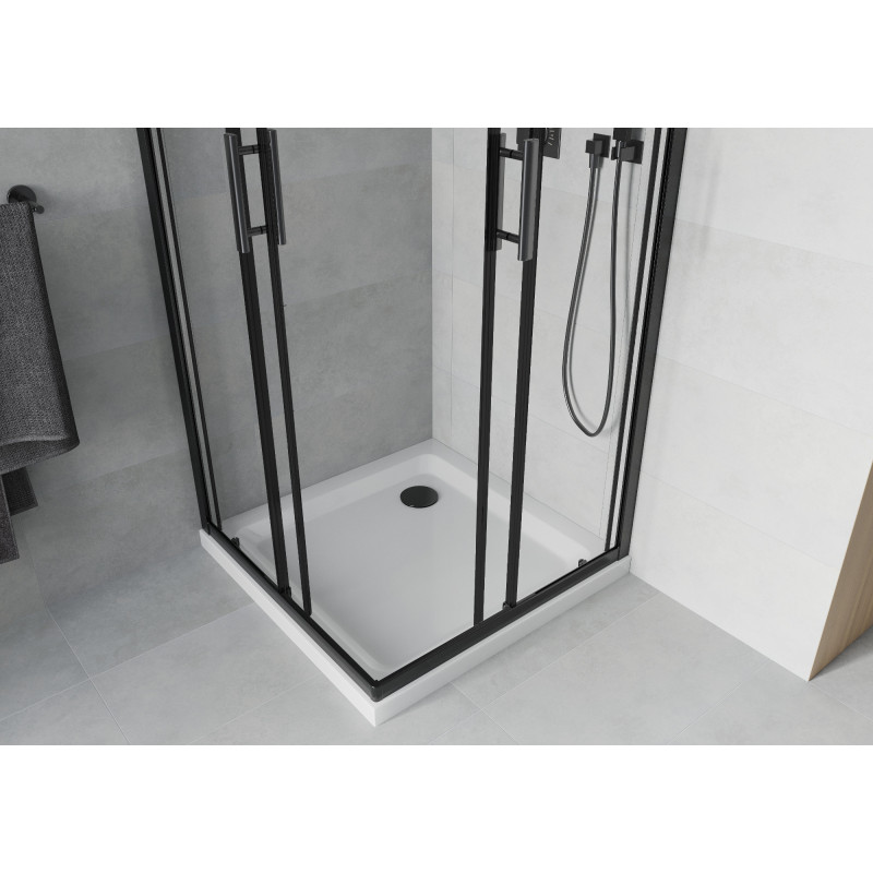 Mexen Rio štvorcový sprchovací kút 90 x 90 cm, transparentný, čierny + sprchová vanička Flat, biela
