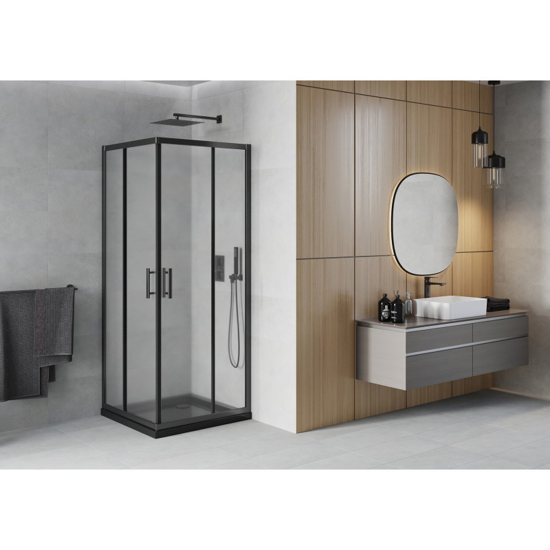 Mexen Rio štvorcový sprchovací kút 90 x 90 cm, mrazivý, čierny + Flat sprchová vanička, čierna