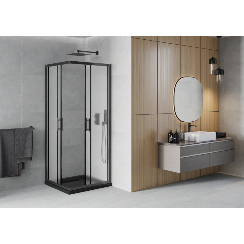 Mexen Rio štvorcový sprchovací kút 90 x 90 cm, mrazivý, čierny + Flat sprchová vanička, čierna