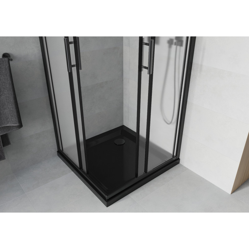 Mexen Rio štvorcový sprchovací kút 90 x 90 cm, mrazivý, čierny + Flat sprchová vanička, čierna