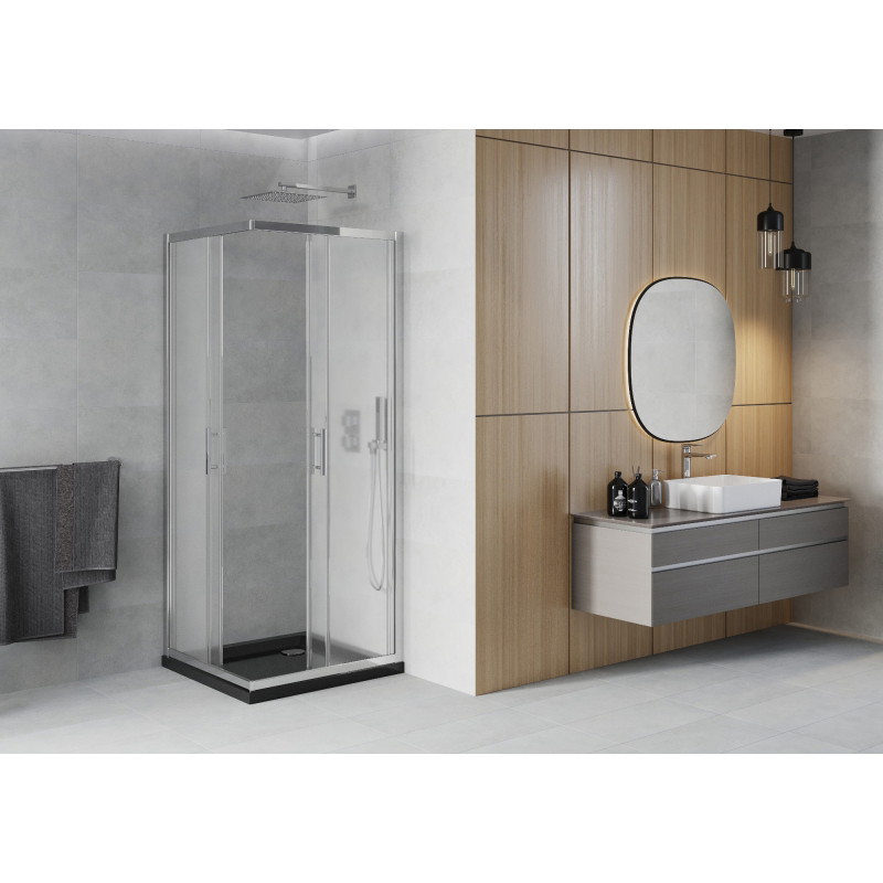 Mexen Rio štvorcový sprchovací kút 70 x 70 cm, mrazené, chróm + vanička Flat, čierna - 860-070-070-01-30-4070
