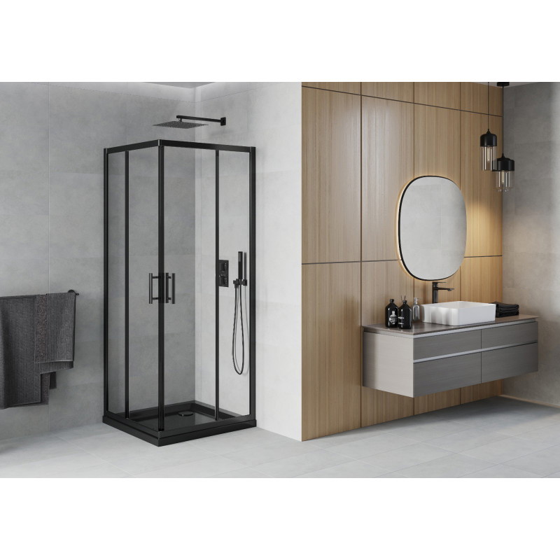 Mexen Rio štvorcový sprchový kút 70 x 70 cm, priehľadný, čierny + vanička Flat, čierna - 860-070-070-70-00-4070B