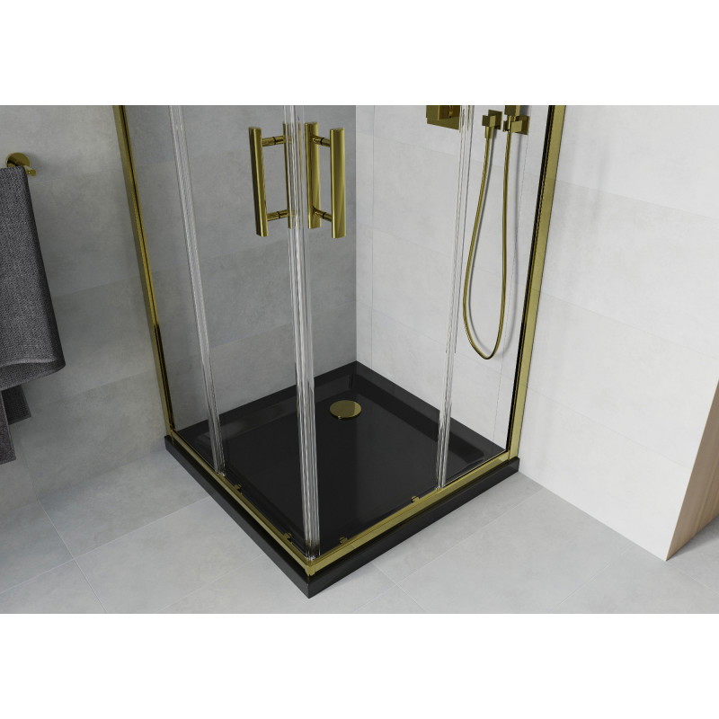 Mexen Rio štvorcový sprchovací kút 70 x 70 cm, transparentný, zlatý + plochý čierny sprchový vanička