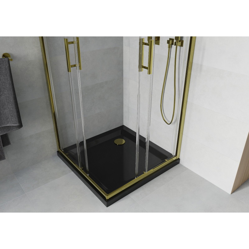 Mexen Rio štvorcový sprchovací kút 70 x 70 cm, transparentný, zlatý + plochý čierny sprchový vanička