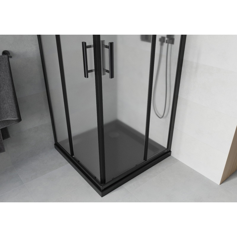 Mexen Rio štvorcový sprchovací kút 70 x 70 cm, matné sklo, čierny + sprchová vanička Flat, čierna