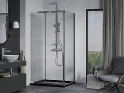 Mexen Apia posuvná sprchová kabína 90 x 100 cm, priehľadná, chróm + vana Flat, čierna - 840-090-100-01-00-4070