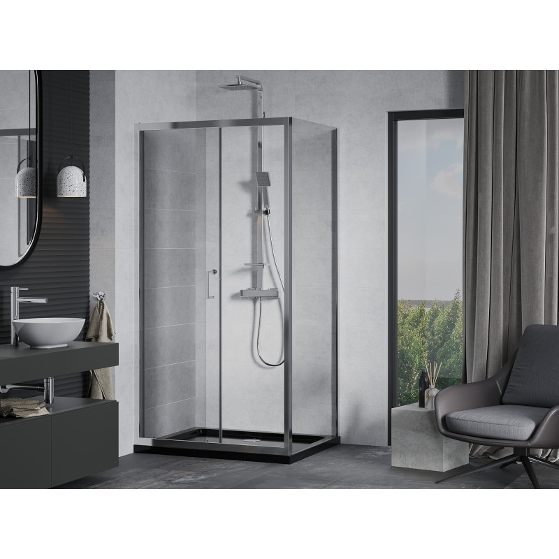 Mexen Apia posuvná sprchová kabína 100 x 90 cm, priehľadná, chróm + čierna vanička Flat - 840-100-090-01-00-4070