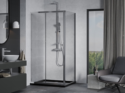 Mexen Apia sprchový kút posuvný 100 x 90 cm, transparentný, chróm + sprchová vanička Flat, čierna - 840-100-090-01-00-4070