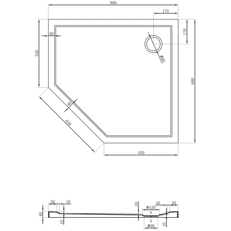 Mexen Flow brodzik päťuholníkový slim pravý 90 x 80 cm, biely lesk - 46P108090R