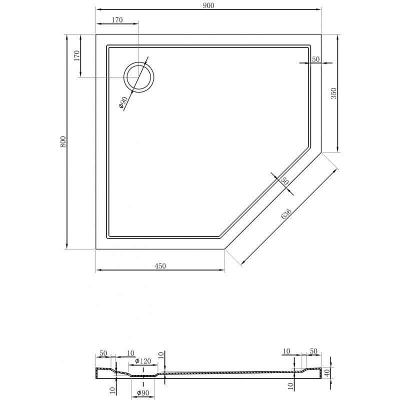Mexen Flow päťuholníková vanička slim ľavá 90 x 80 cm, čierny mat - 46P708090L