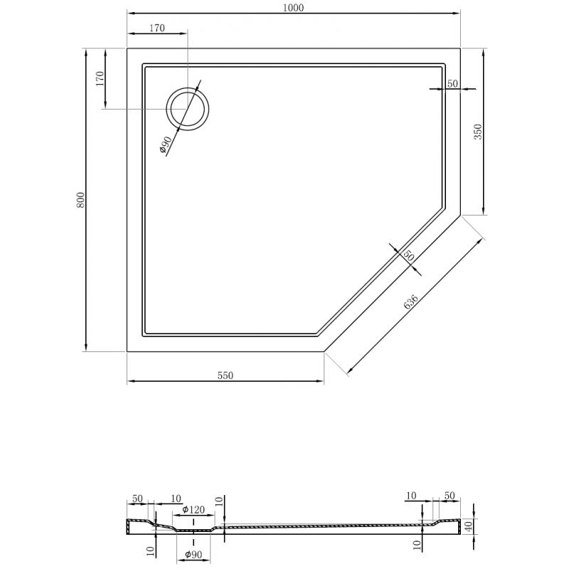 Mexen Flow brodzik päťuholníkový slim ľavý 100 x 80 cm, čierny mat - 46P708010L