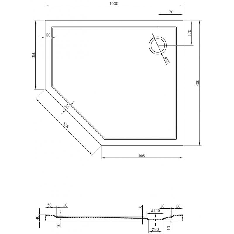 Mexen Flow päťuholníková vanička slim pravá 100 x 80 cm, čierna matná - 46P708010R