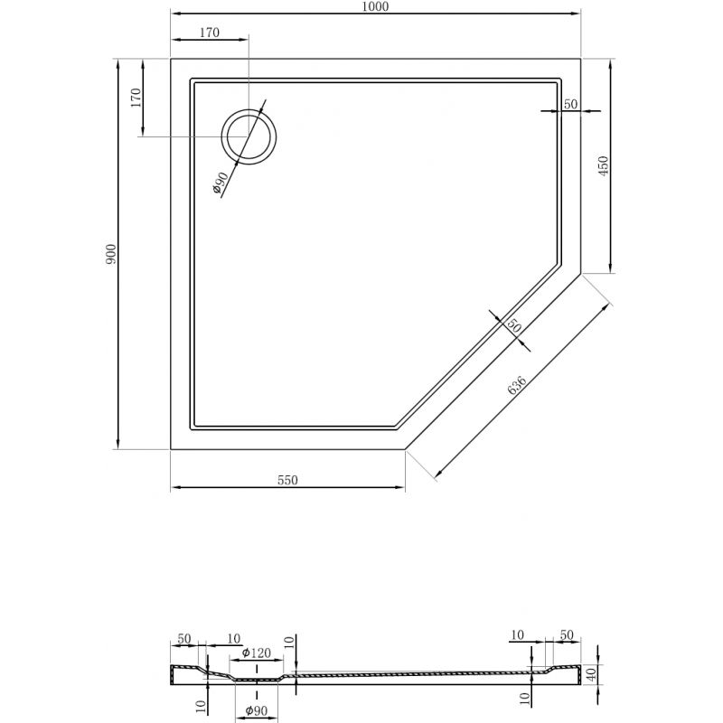 Mexen Flow pentagonálna sprchová vanička slim ľavá 100 x 90 cm, čierny mat - 46P709010L