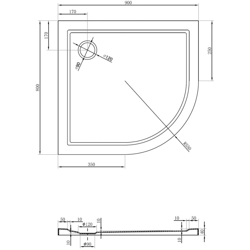 Mexen Flow polkruhový asymetrický slim ľavý 90 x 80 cm, biely lesk - 46Q108090L
