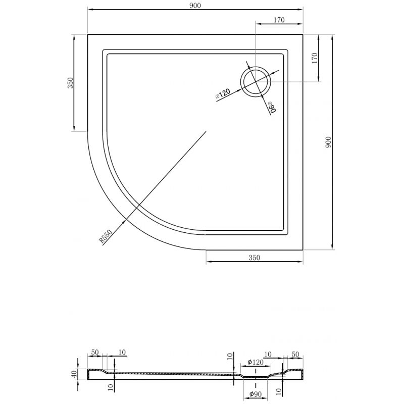 Mexen Flow polkruhový slim 90 x 90 cm, biely lesklý - 46Q109090