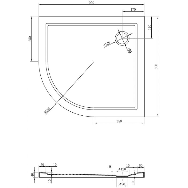 Mexen Flow polkruhová asymetrická slim pravá 90 x 80 cm, čierna matná - 46Q708090R