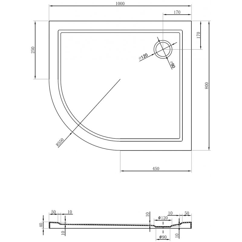 Mexen Flow polkruhový asymetrický slim pravý 100 x 80 cm, čierny mat - 46Q708010R