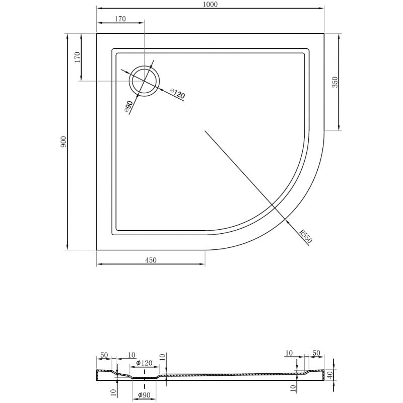 Mexen Flow polkruhový asymetrický slim ľavý 100 x 90 cm, čierny matný - 46Q709010L