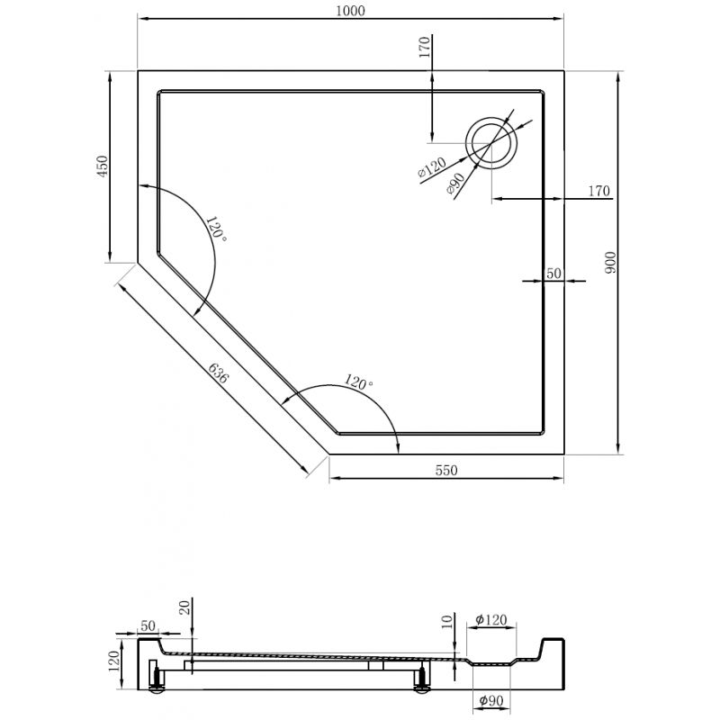 Mexen Flow+ päťhranná sprchová vanička pravá 100 x 90 cm, čierny mat - 46P709010RH