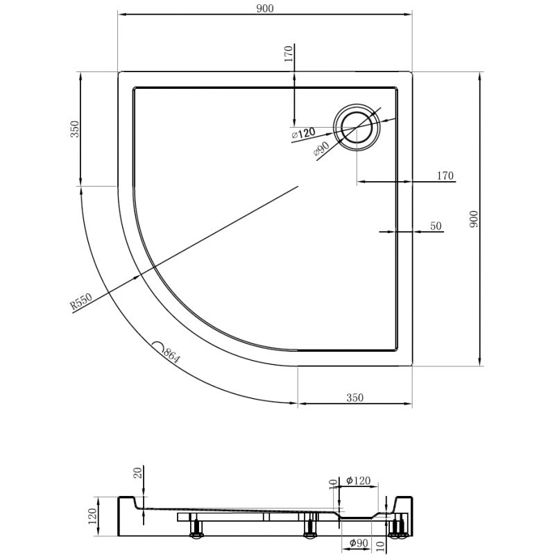 Mexen Flow+ polkruhová sprchová vanička 90 x 90 cm, čierny mat - 46Q709090H