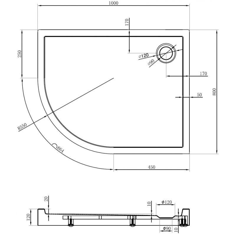 Mexen Flow+ asymetrický polkruhový sprchový kút pravý 100 x 80 cm, čierny mat - 46Q708010RH