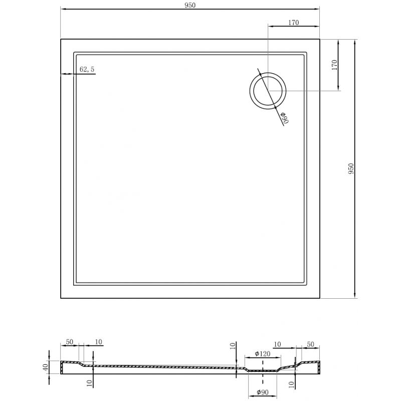 Mexen Flow štvorcová Slim vanička 95 x 95 cm, biely lesk - 46S109595