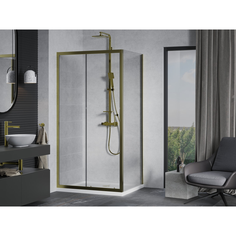 Mexen Apia posuvná sprchová kabína 90 x 80 cm, priehľadná, zlatá + vanička Flat, biela - 840-090-080-50-00-4010G