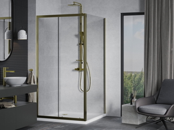 Mexen Apia posuvná sprchová kabína 90 x 90 cm, priehľadná, zlatá + sprchová vanička Flat, biela - 840-090-090-50-00-4010G