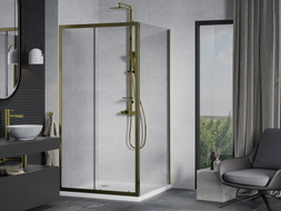 Mexen Apia posuvná sprchová kabína 90 x 90 cm, priehľadná, zlatá + sprchová vanička Flat, biela