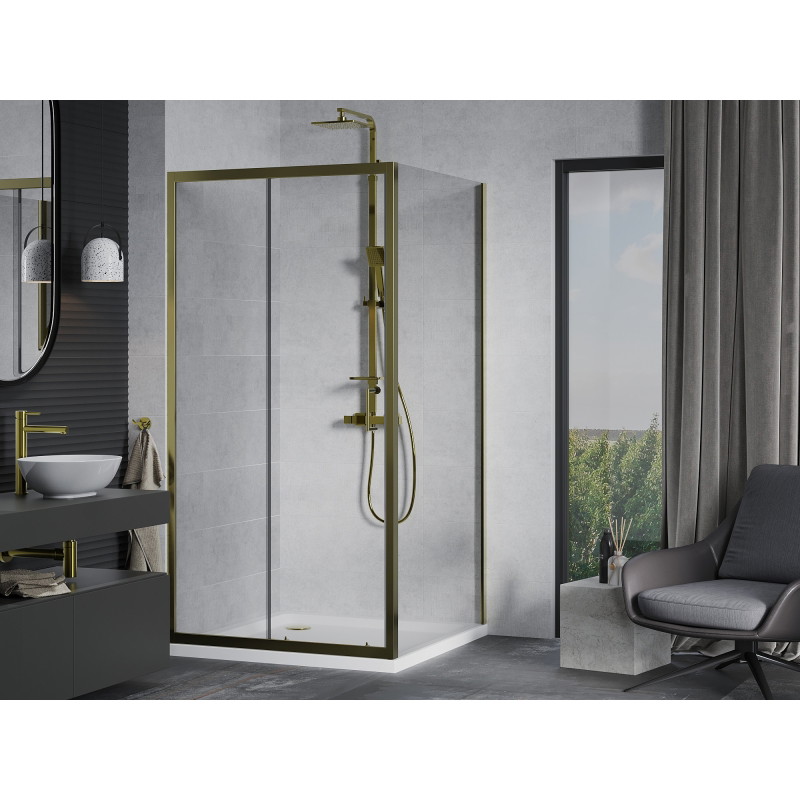 Mexen Apia posuvná sprchová kabína 100 x 100 cm, transparentná, zlatá + vanička Flat, biela - 840-100-100-50-00-4010G