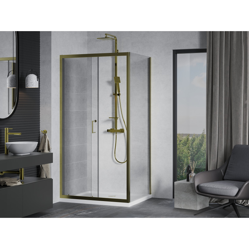 Mexen Apia posuvná sprchová kabína 110 x 70 cm, priehľadná, zlatá + plochá vanička, biela - 840-110-070-50-00-4010G