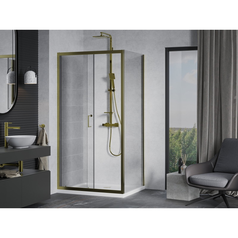 Mexen Apia sprchovací kút posuvný 110 x 90 cm, transparentný, zlatý + vanička Flat, biela - 840-110-090-50-00-4010G