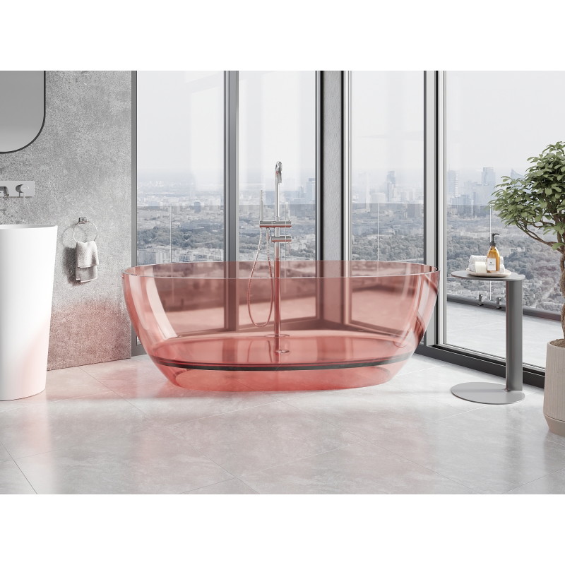 Mexen Pure samostatne stojaca transparentná vaňa 170 x 80 cm, koralová, chrómová zátka - 58071708004