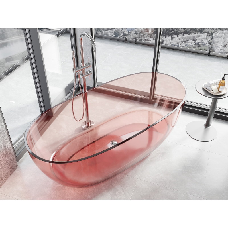 Mexen Pure samostatne stojaca transparentná vaňa 170 x 80 cm, koralová, chrómová zátka - 58071708004
