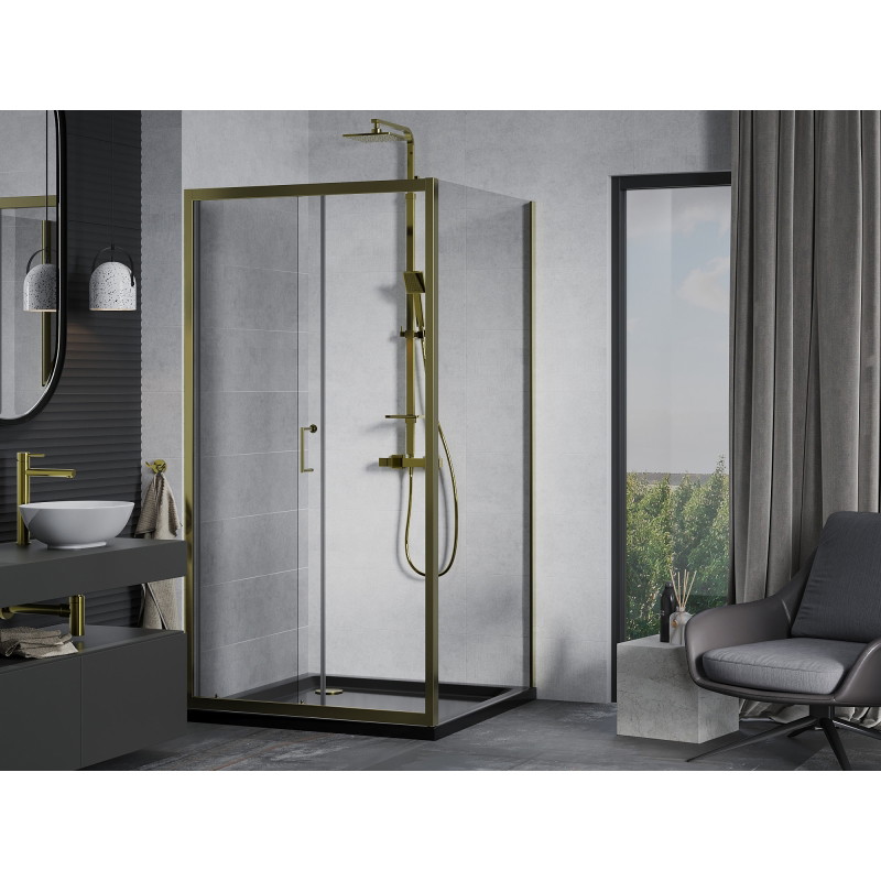 Mexen Apia posuvná sprchová kabína 90 x 90 cm, transparentná, zlatá + brodzik Flat, čierny - 840-090-090-50-00-4070G
