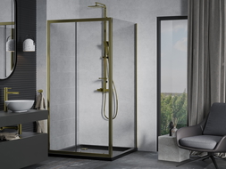 Mexen Apia posuvná sprchová kabína 90 x 90 cm, transparentná, zlatá + sprchová vanička Flat, čierna - 840-090-090-50-00-4070G