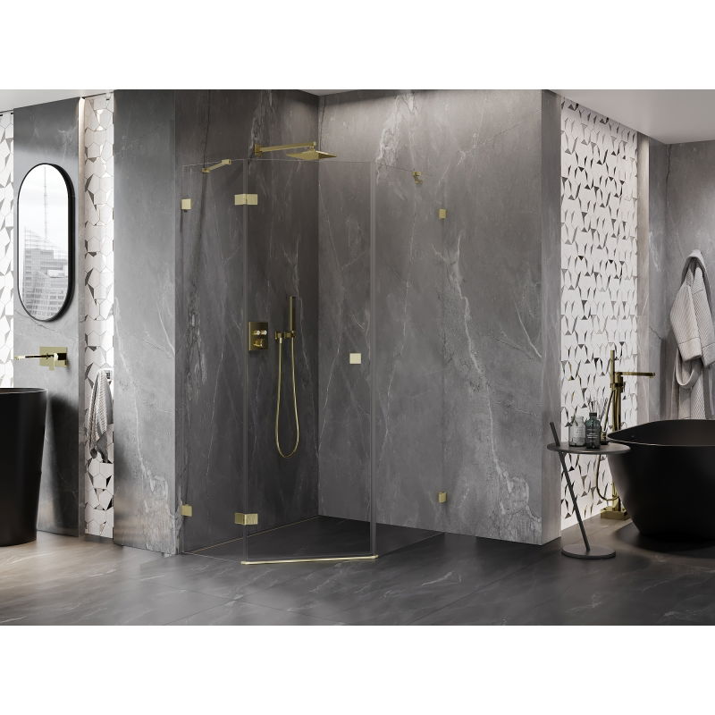 Mexen Lunar päťuholníková sprchová kabína vyklápateľná ľavá 80 x 90 cm, priehľadná, zlatá matná - 831-080L-090P-55-00-L