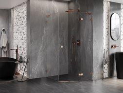 Mexen Lunar L päťuholníkový sprchový kút pravý 80 x 90 cm, transparentný, ružové zlato - 831L-080P-090L-60-00-P