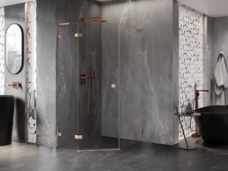 Mexen Lunar L päťuholníková sprchová kabína výklopná ľavá 80 x 90 cm, transparentná, brúsená meď - 831L-080L-090P-65-00-L
