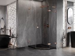 Mexen Lunar L päťuholníková sprchová kabína s výklopnými dverami, pravá 80 x 90 cm, číra, brúsená meď - 831L-080P-090L-65-00-P