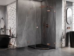 Mexen Lunar päťuholníková sprchová kabína pravá 80 x 90 cm, priehľadná, brúsená meď - 831-080P-090L-65-00-P