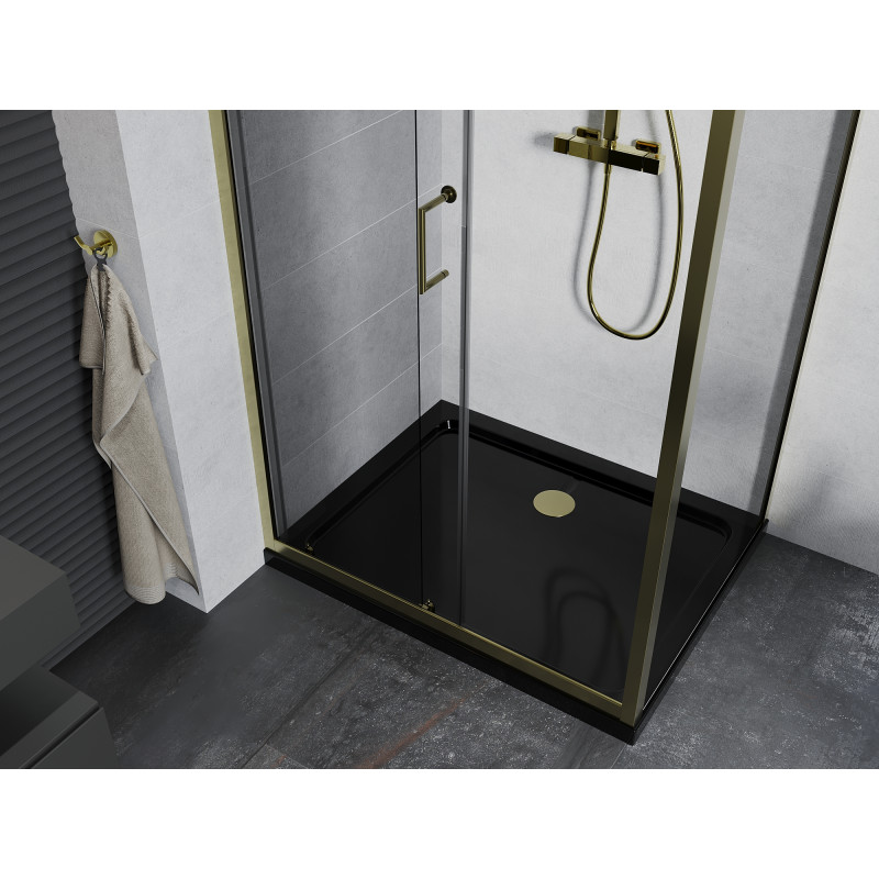 Mexen Apia Posuvný sprchový kút 130 x 80 cm, transparentný, zlatý + čierna vanička Flat - 840-130-080-50-00-4070G