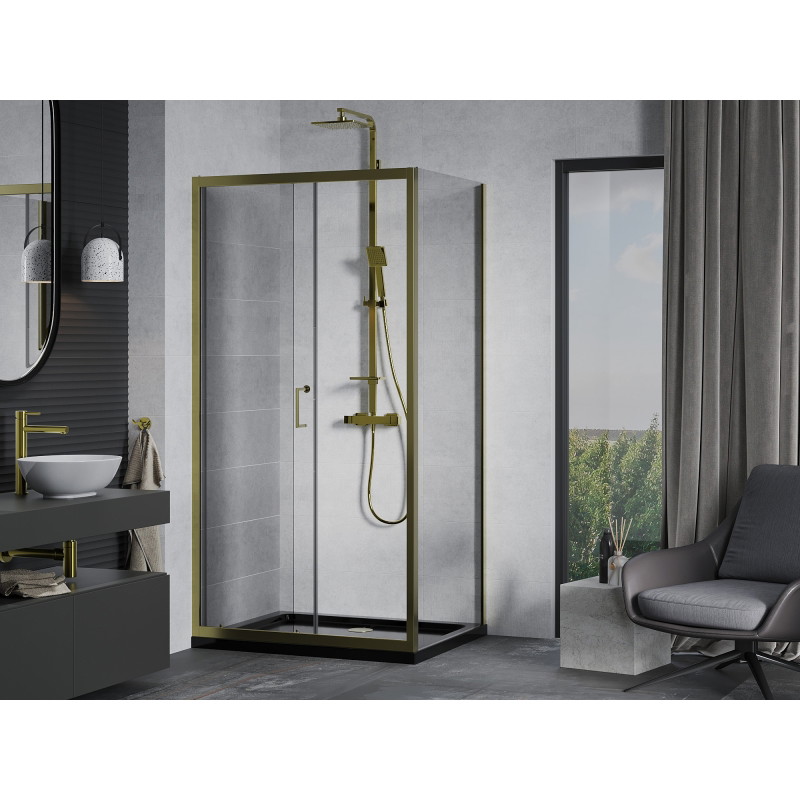 Mexen Apia posuvná sprchová kabína 140 x 70 cm, transparentná, zlatá + vanička Flat, čierna - 840-140-070-50-00-4070G