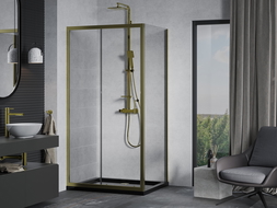 Mexen Apia sprchový kút posuvný 140 x 90 cm, transparentný, zlatý + vanička Flat, čierna - 840-140-090-50-00-4070G