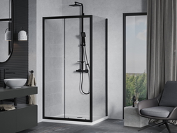 Mexen Apia sprchovací kút posuvný 90 x 80 cm, transparentný, čierny + vanička Flat, biela- 840-090-080-70-00-4010B