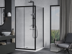 Mexen Apia sprchový kút posuvný 90 x 90 cm, transparentný, čierny + sprchová vanička Flat, biela- 840-090-090-70-00-4010B