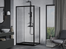 Mexen Apia sprchový kút posuvný 90 x 70 cm, transparentný, čierny + sprchová vanička Flat, čierna - 840-090-070-70-00-4070B