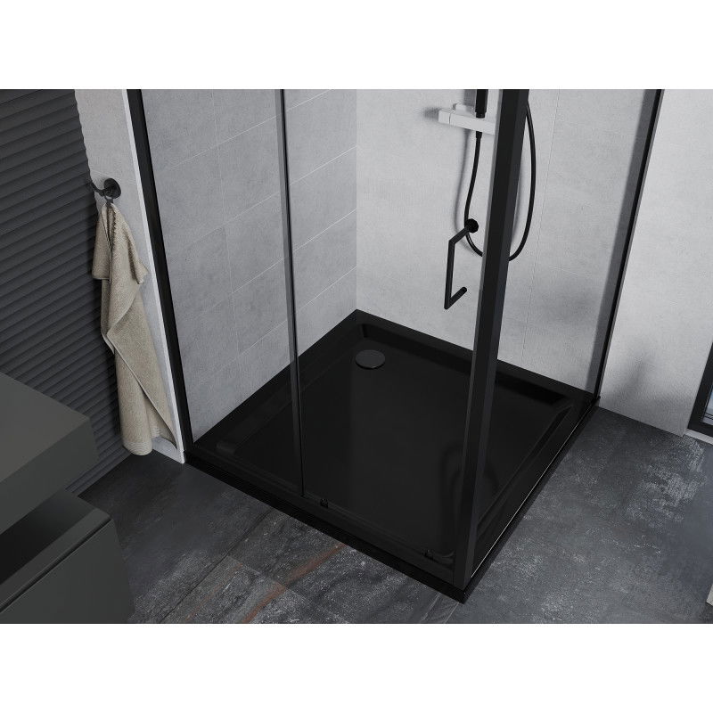 Mexen Apia sprchová kabína posuvná 90 x 90 cm, transparentná, čierna + vanička Flat, čierna - 840-090-090-70-00-4070B