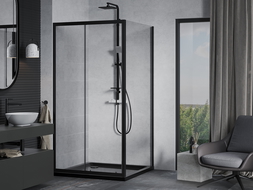 Mexen Apia posuvná sprchová kabína 90 x 90 cm, priehľadná, čierna + vanička Flat, čierna - 840-090-090-70-00-4070B