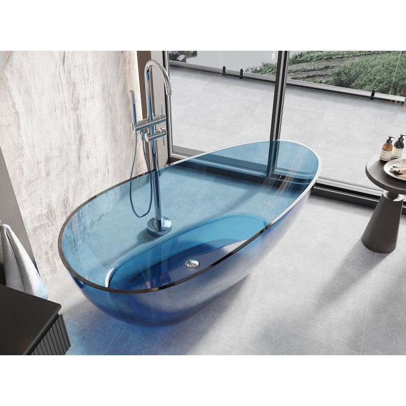 Mexen Glass voľne stojaca transparentná vaňa 170 x 85 cm, denim, chrómový uzáver - 58061708507